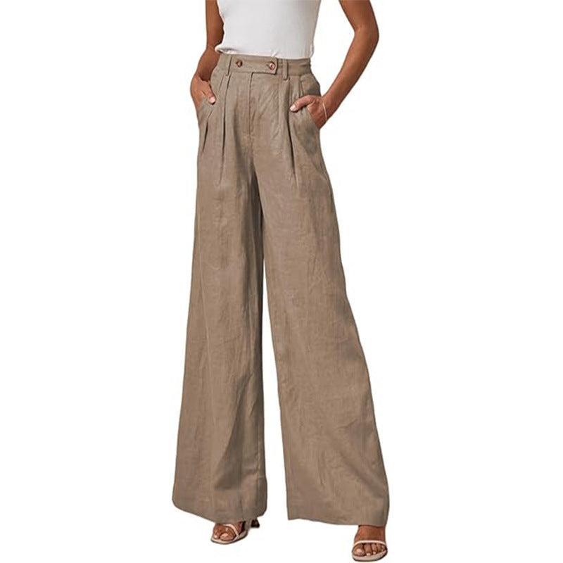 Damen elegante weite Leinenhose mit hohem Bund und Falten Drune