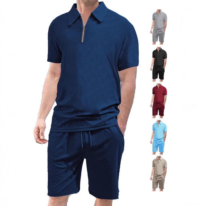 Herren nan komfortables Kurzarm-Halbzip-Set mit Polokragen und elastischer Kordelhose aus Strukturstrick Drune