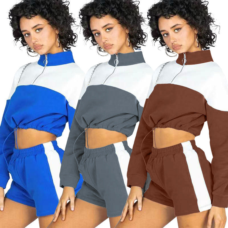 Damen Cropped Sportanzug mit hohem Kragen und Kordelzug Drune