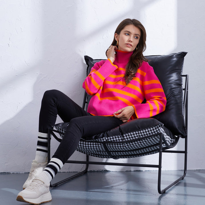 Damen hochwertiger gestreifter Pullover mit Stehkragen Drune