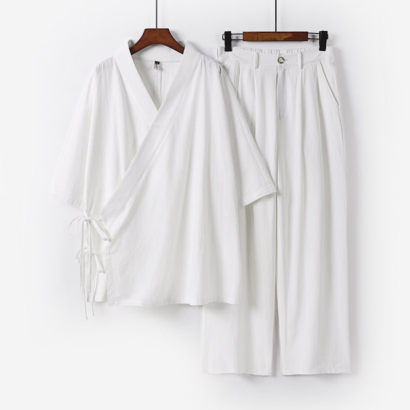 Unisex Kimono-Freizeit-Set mit Wickeloberteil und elastischer Bundhose Drune