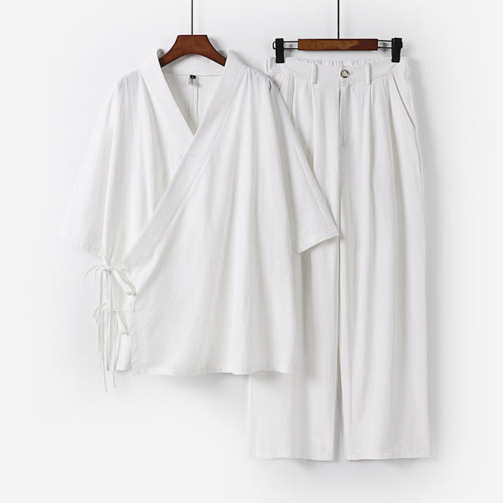 Unisex Kimono-Freizeit-Set mit Wickeloberteil und elastischer Bundhose Drune