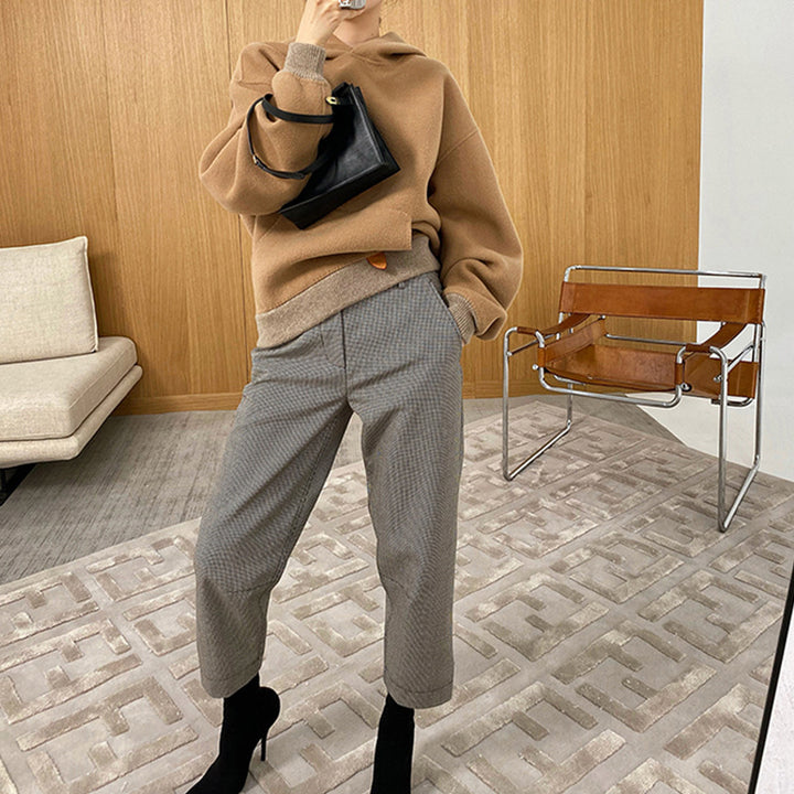 Damen Oversized Sweatjacke mit Kapuze und modernem Houndstooth-Muster Drune