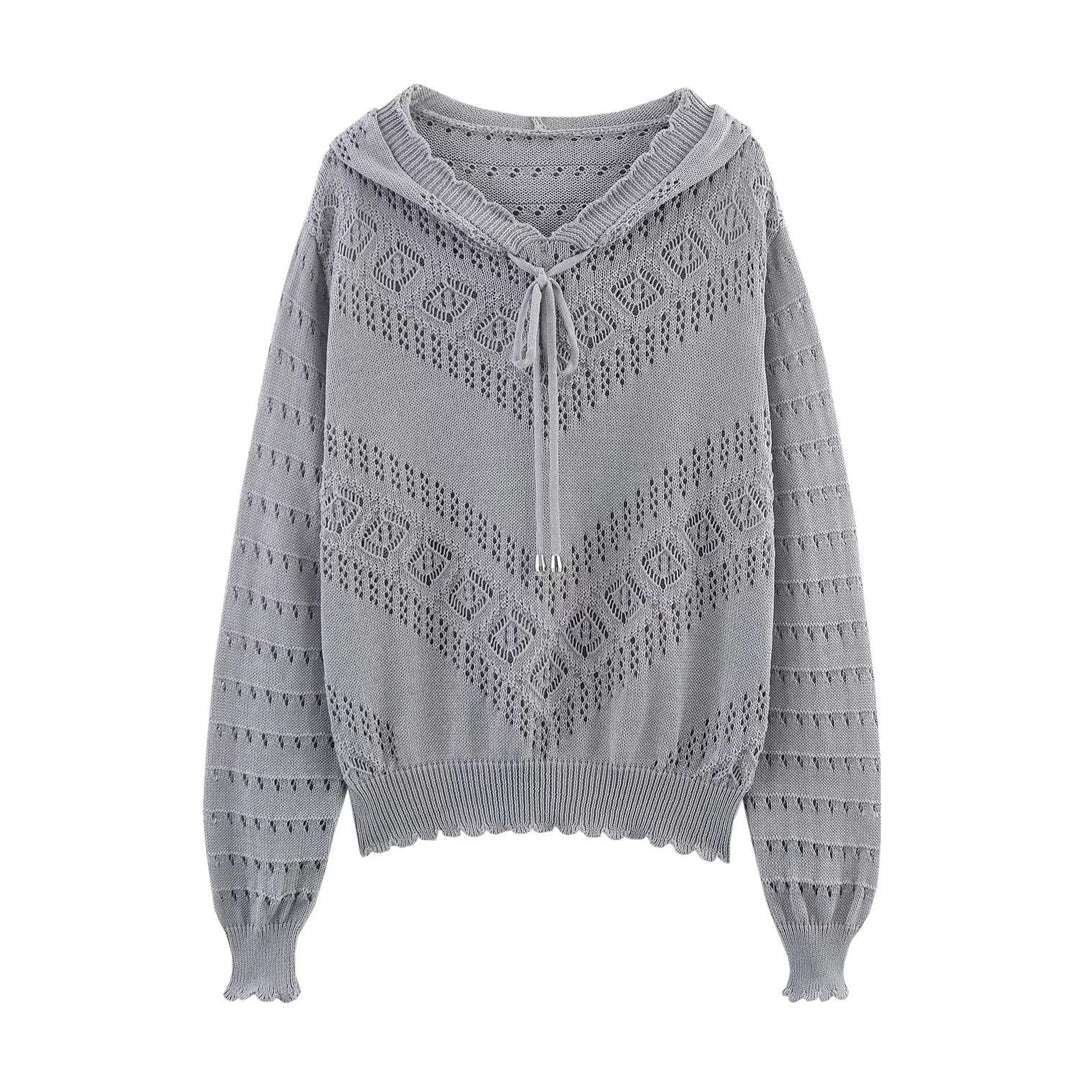 Damen nan Kapuzen-Strickpullover mit Ajourmuster, Tunnelzug und Ballonärmeln Drune