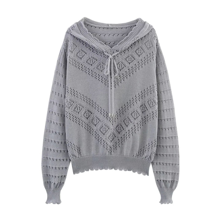 Damen nan Kapuzen-Strickpullover mit Ajourmuster, Tunnelzug und Ballonärmeln Drune