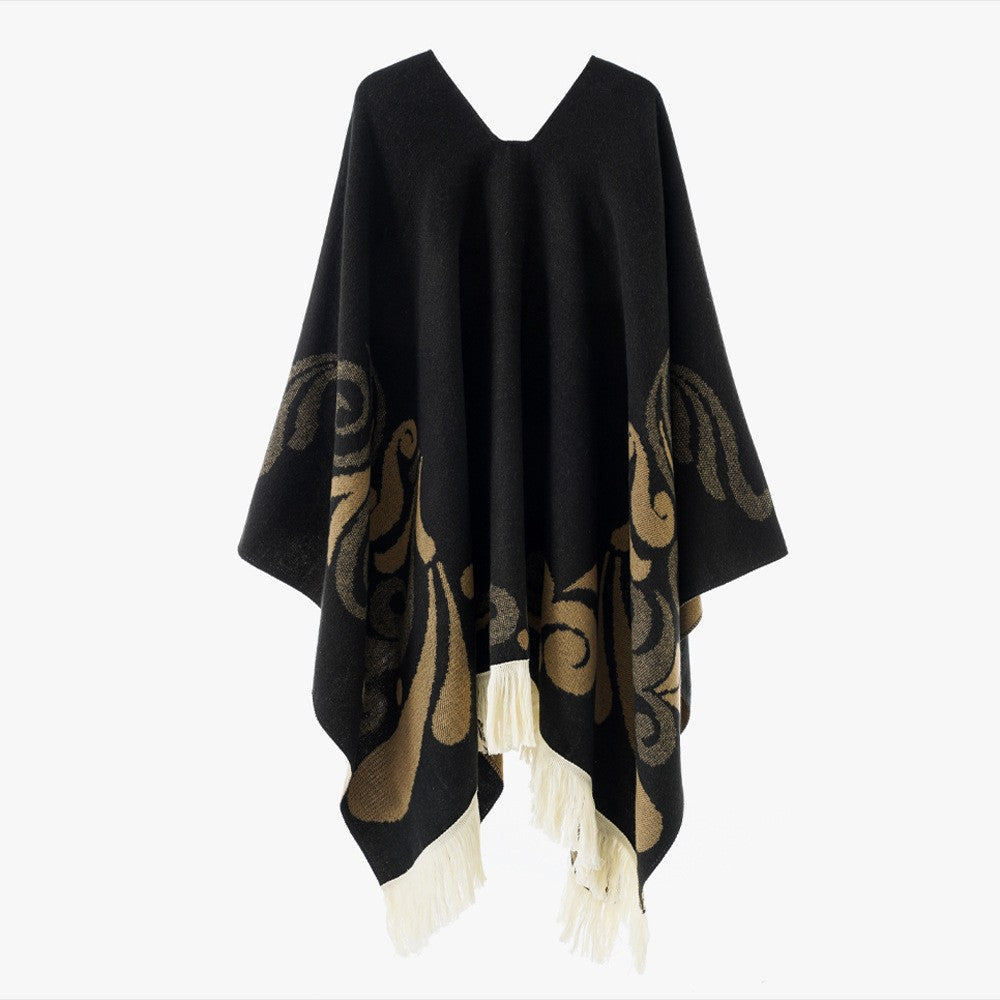 Damen Ornamentaler Jacquard‑Poncho mit V‑Ausschnitt und Fransensaum Drune