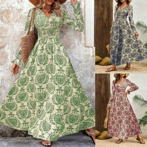 Damen Feminin fließendes Maxikleid mit V-Ausschnitt, geraffter Smock-Taillenpartie und ornamentaler Allover-Print Drune