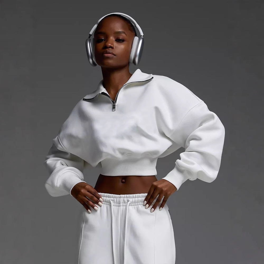 Damen kurzes Half-Zip Crop-Sweatshirt mit hoher Taille und weitem Sweatpants-Set Drune