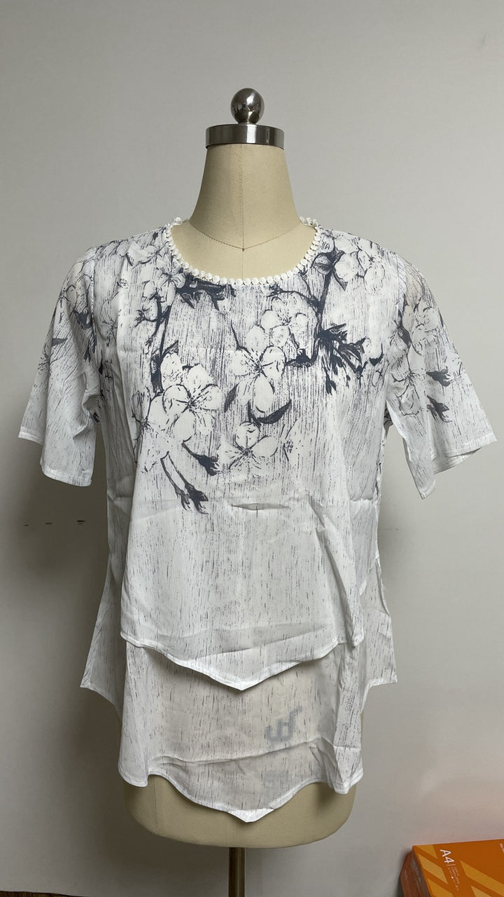 Damen nan zweilagiges Blusenkleid mit asymmetrischem Stufensaum, floraler Druckpasse und Flügelärmeln Drune