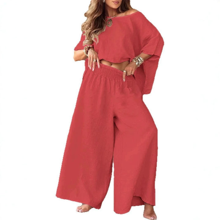 Damen Leinen-Set mit Cropped Oversize-Top und hohem elastischem Bund Palazzohose Drune