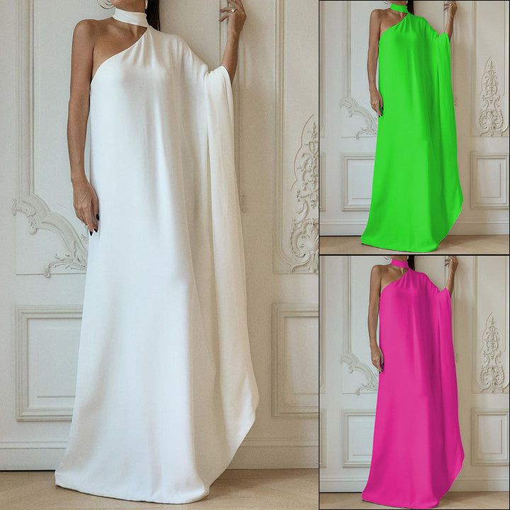 Damen elegantes One-Shoulder Abendkleid mit fließendem Stoff und schickem Kragen Drune