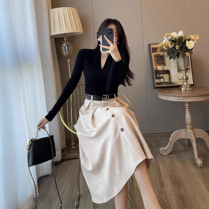 Damen Elegantes Midikleid mit Knopfleiste Drune