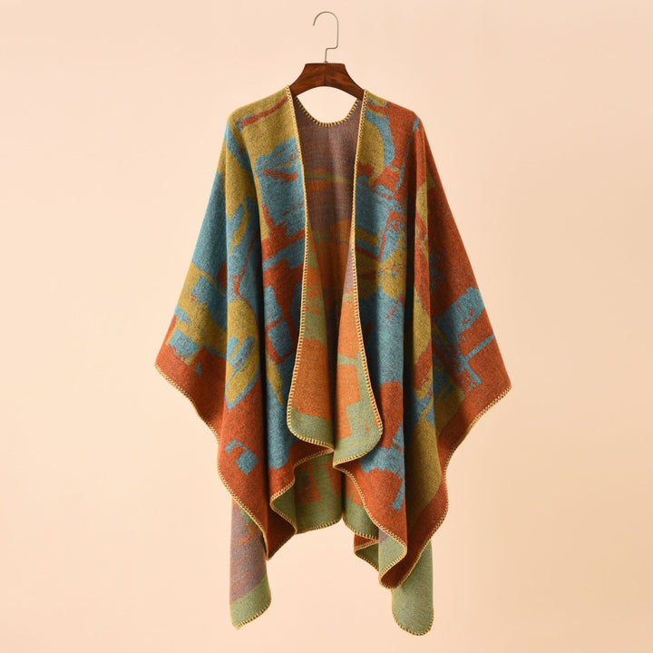 Damen Oversize-Umhangruana aus Wollmix mit abstraktem Jacquard und Zierstichkante Drune