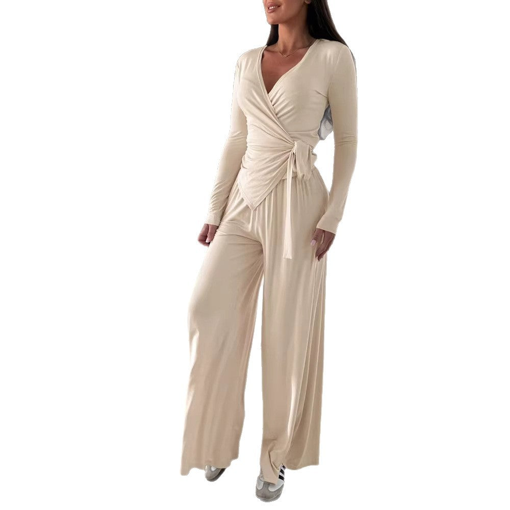 Damen Wickel-Jersey-Maxikleid mit V-Ausschnitt, Taillenband und weitem Palazzo-Rock Drune