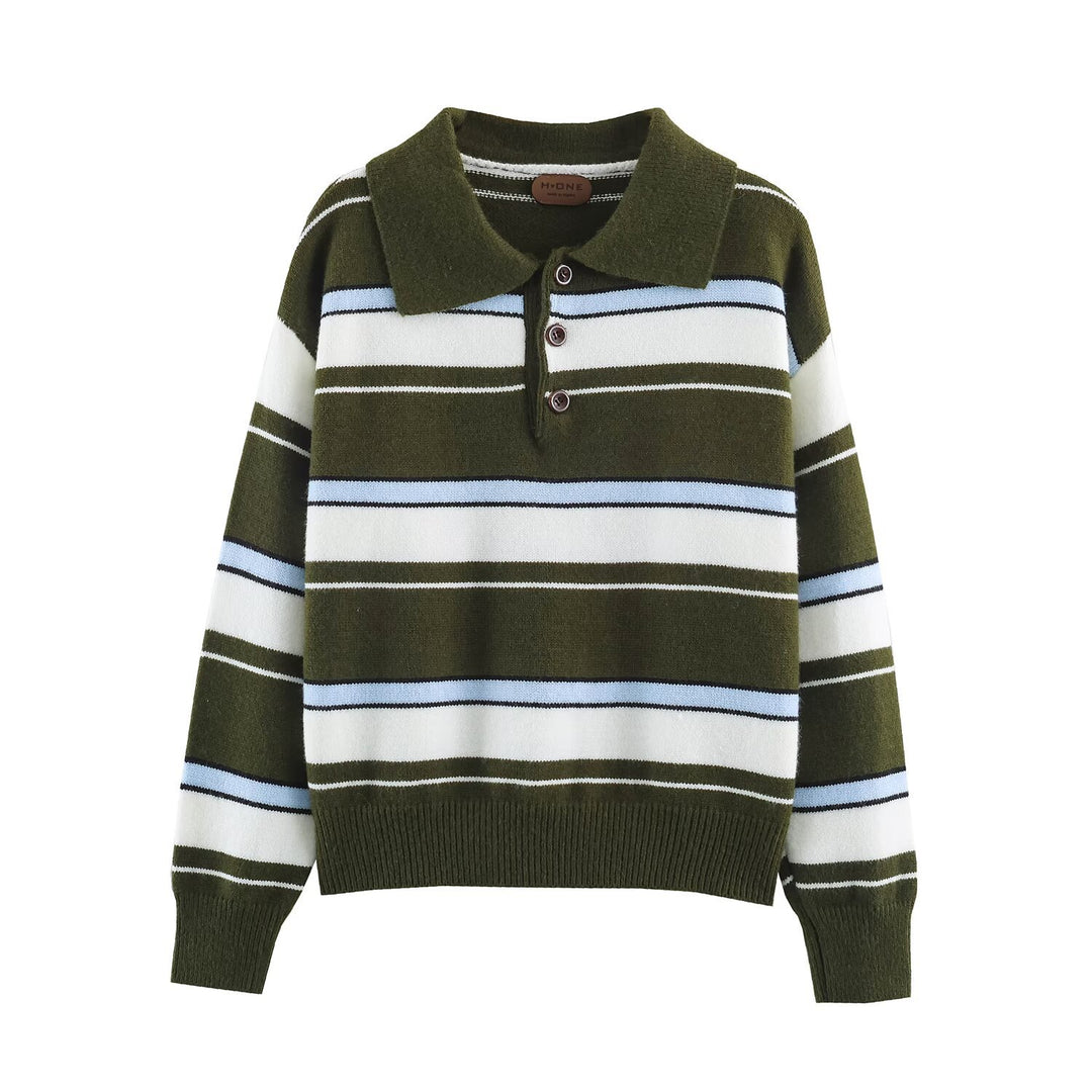 Damen Gestreifter Polokragen-Pullover mit Knopfleiste und Rippbündchen Drune