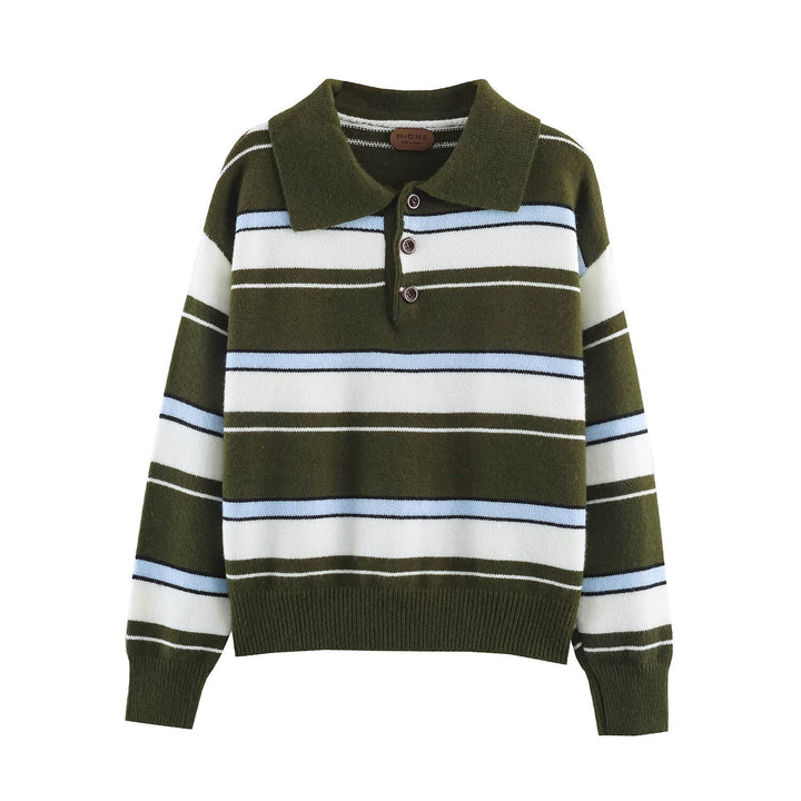 Damen Gestreifter Polokragen-Pullover mit Knopfleiste und Rippbündchen Drune