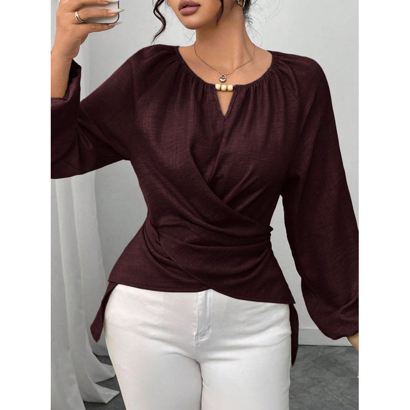 Damen Taillierte Wickelbluse mit Perlendetail und Ballonärmeln Drune