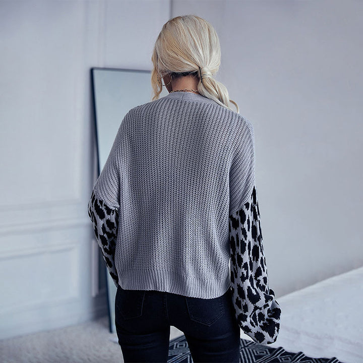 Damen Oversize Strickcardigan mit Leopardenmuster-Ärmeln und V‑Ausschnitt Drune