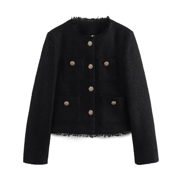 Damen elegante kurz geschnittene Blazerjacke mit strukturiertem Gewebe und goldenen Knopfdetails Drune