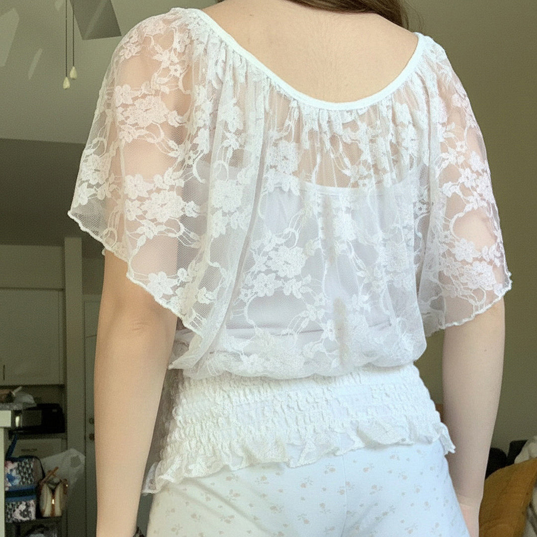 Damen Blusenshirt mit raffiniertem Spitzenbesatz und elastischem Bund Drune