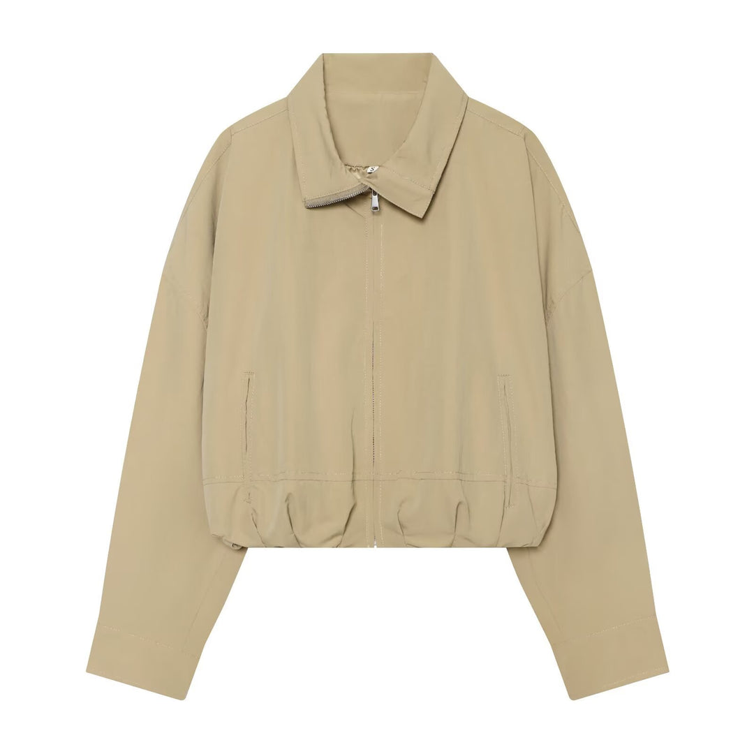 Damen Leichte Cropped-Blousonjacke mit Stehkragen, Reißverschluss und elastischem Bund Drune