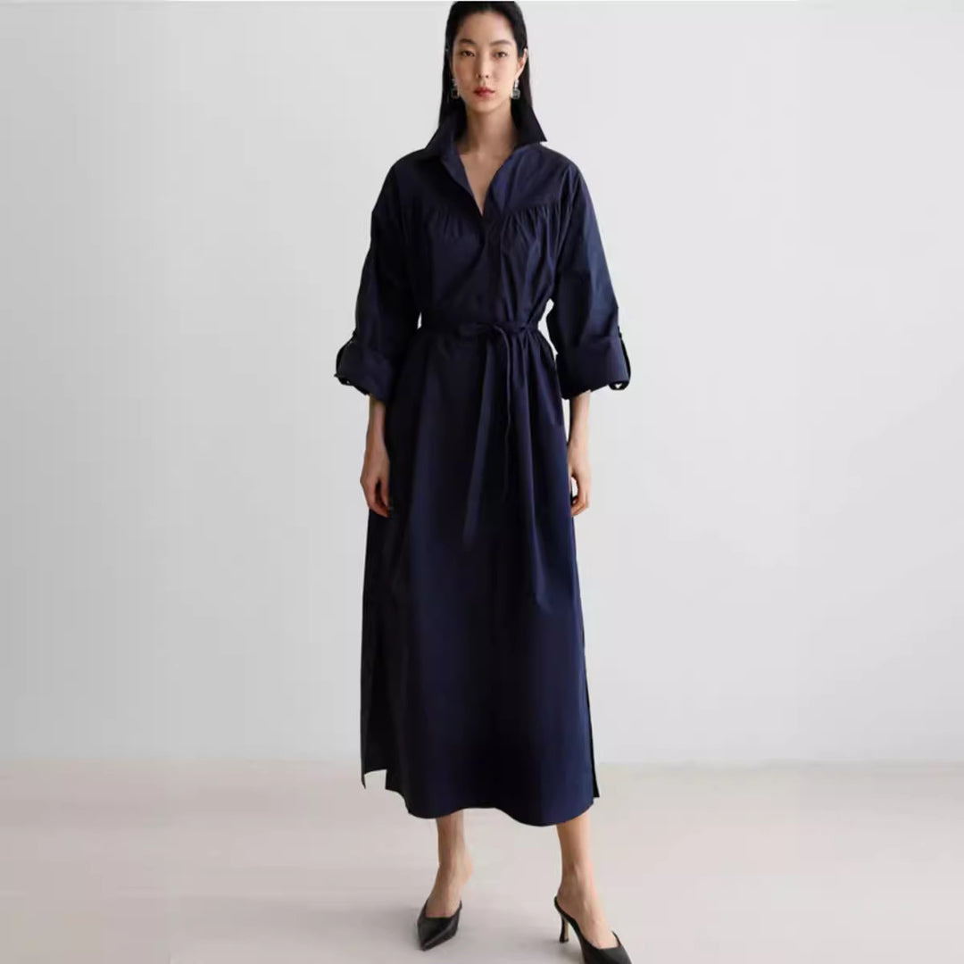 Damen Langärmliges Hemdblusen‑Maxikleid mit strukturierter Schulterpasse und Bindegürtel Drune
