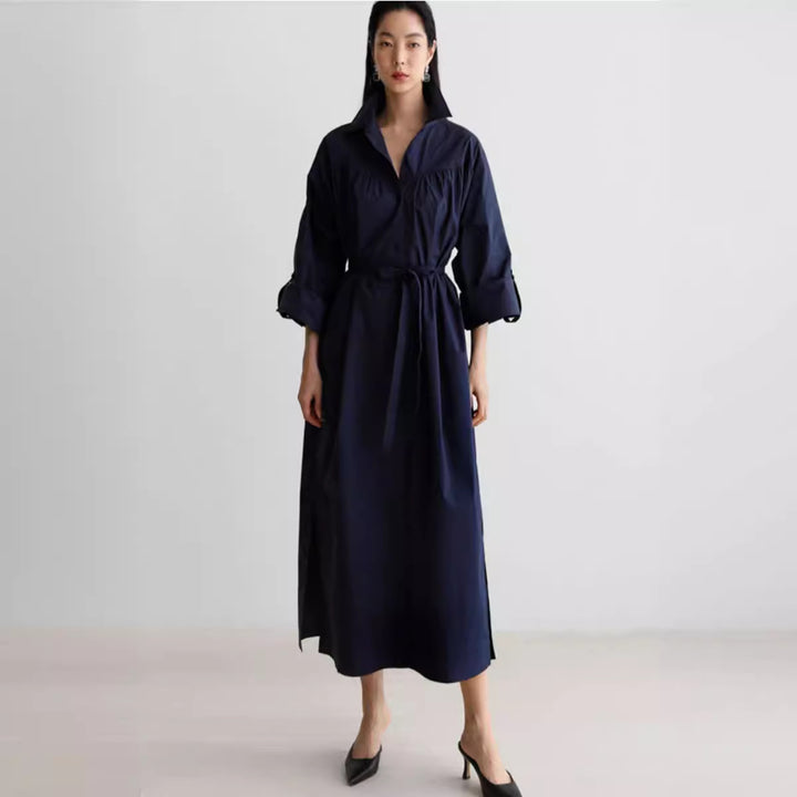 Damen Langärmliges Hemdblusen‑Maxikleid mit strukturierter Schulterpasse und Bindegürtel Drune