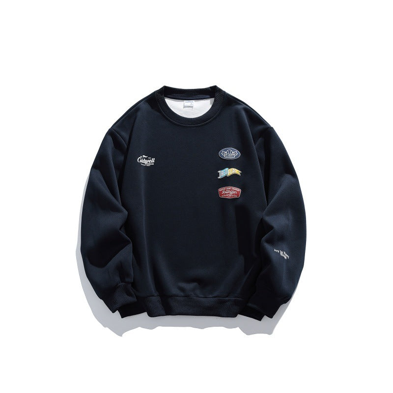 Unisex Oversize-Pullover mit Rundhalsausschnitt, Badge-Applikationen und gerippten Bündchen Drune