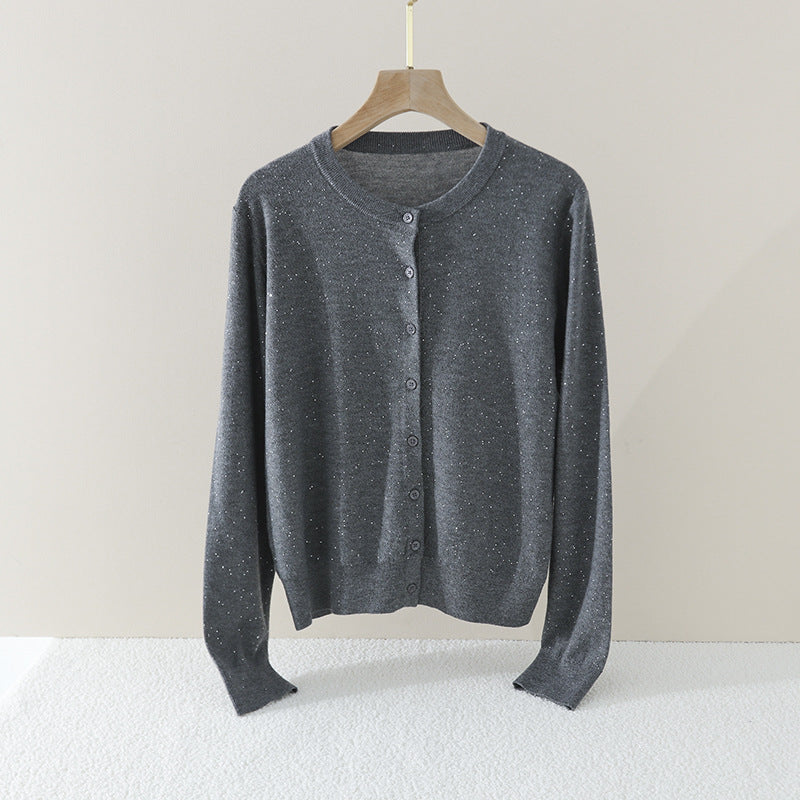 Damen Feiner Rundhals-Cardigan aus leichtem Feinstrick mit Perlmuttknopfleiste und dezentem Glitzereffekt Drune