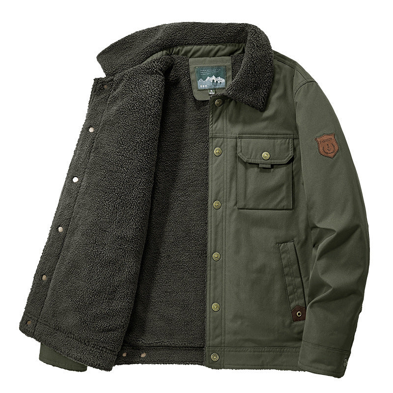 Herren Sherpa-gefütterte Canvas-Truckerjacke mit Teddyfutter und Utility‑Taschen Drune