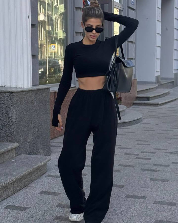 Damen Kurzes Langarm-Croptop mit Daumenloch und weite High-Waist Loungehose Drune