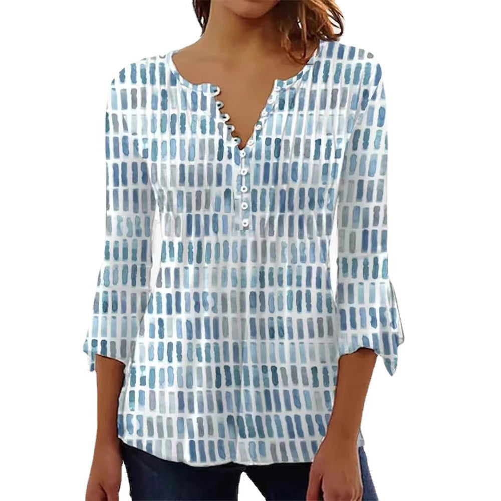 Damen nan luftig leichtes Aquarell-Print Blusenshirt mit Henley-Knopfleiste und dreiviertel Glockenärmeln Drune