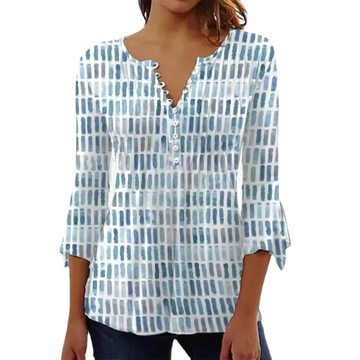 Damen nan luftig leichtes Aquarell-Print Blusenshirt mit Henley-Knopfleiste und dreiviertel Glockenärmeln Drune