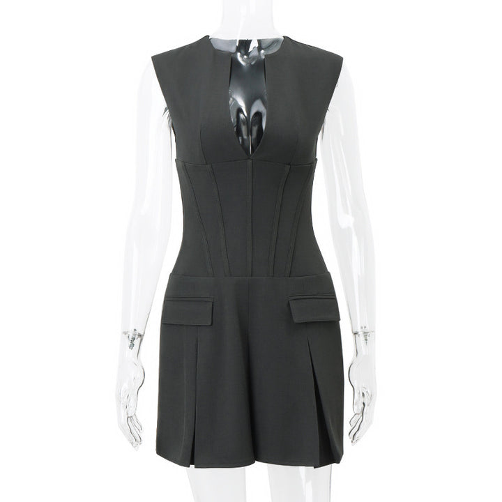 Damen Figurbetontes Minikleid mit tiefem V-Ausschnitt und schwingendem Rock Drune