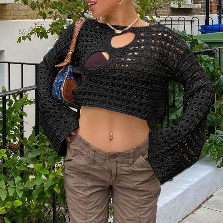 Damen Crop-Top mit offenem Maschenmuster und raffinierten Cut-Outs Drune