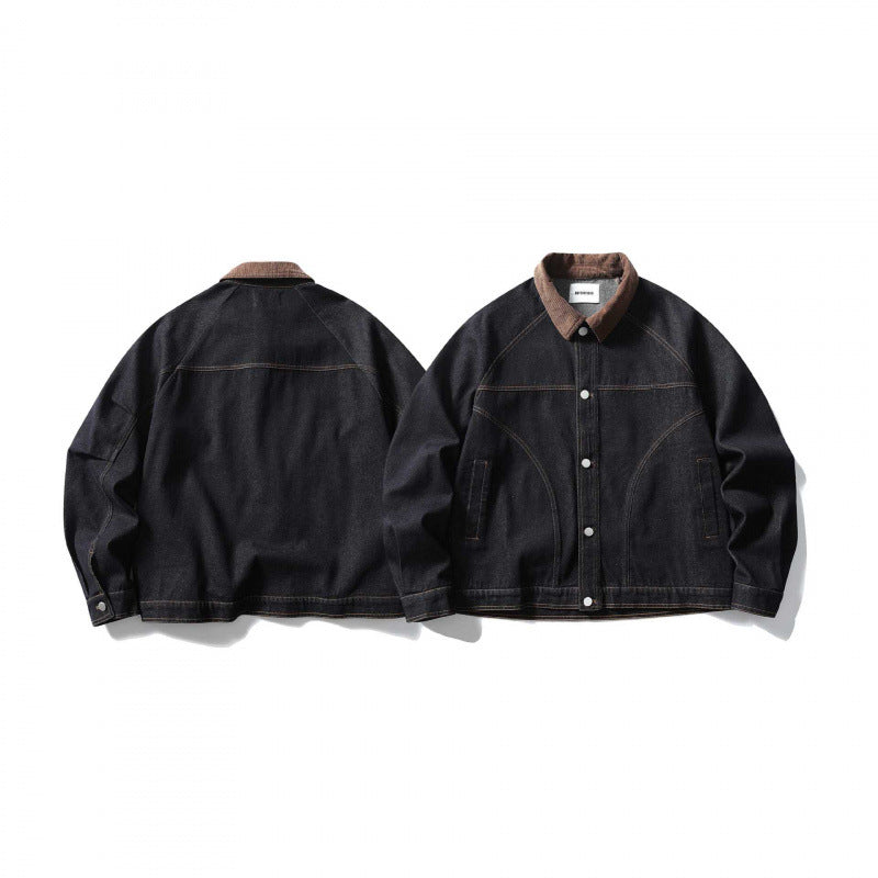 Unisex Boxy-Jeansjacke mit Cordkragen, kontrastierenden Ziernähten und Druckknopfleiste Drune