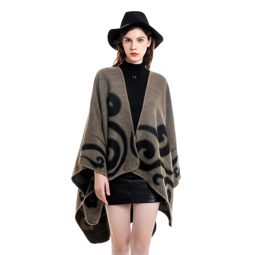 Damen Wollmix-Capeponcho im Ruana-Schnitt mit ornamentaler Intarsienstruktur Drune