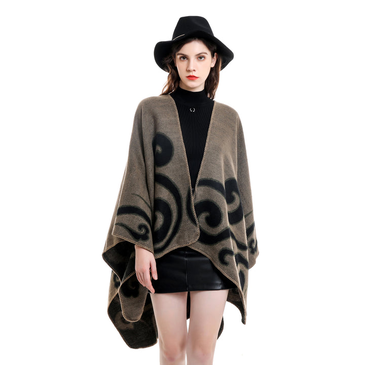 Damen Wollmix-Capeponcho im Ruana-Schnitt mit ornamentaler Intarsienstruktur Drune