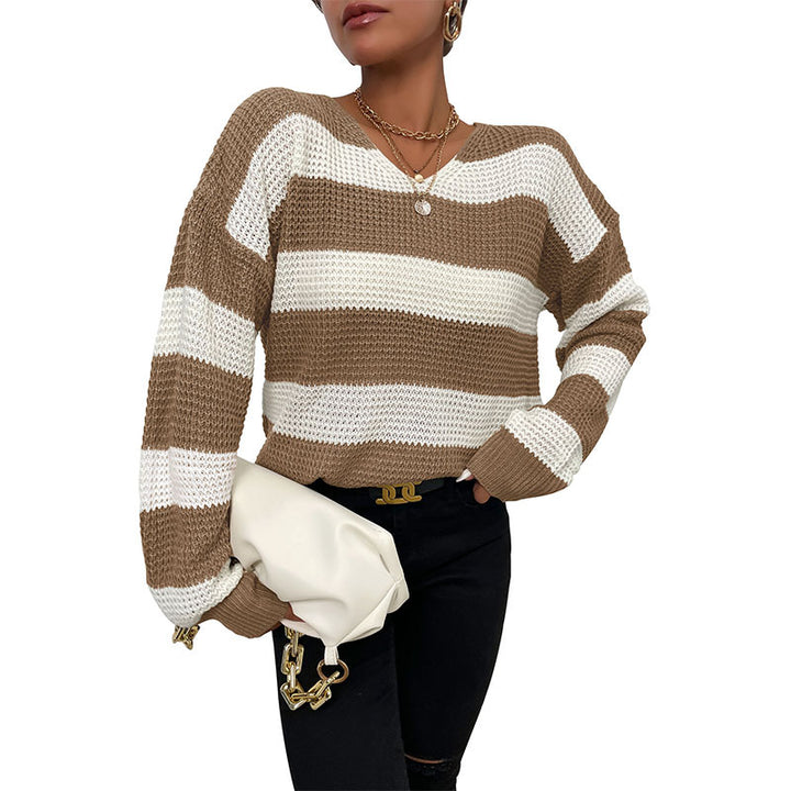 Damen Gestreifter Strickpullover mit V‑Ausschnitt und lässiger Oversize‑Passform Drune