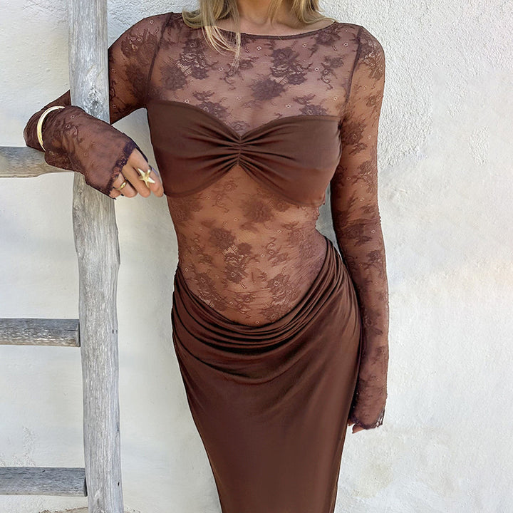 Damen Hochwertiges Maxikleid mit transparenten Langarmen Drune