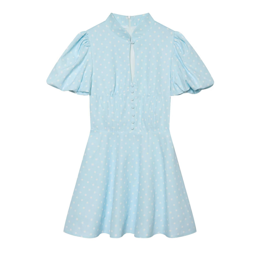 Damen Gepunktetes A‑Linien‑Kleid mit Stehkragen, Taillierung und Ballonärmeln Drune