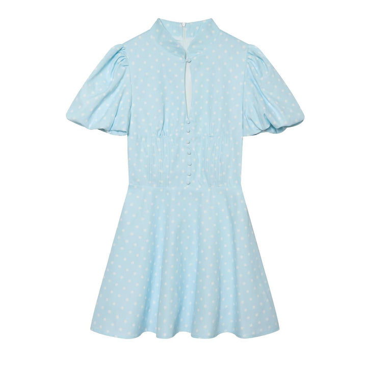 Damen Gepunktetes A‑Linien‑Kleid mit Stehkragen, Taillierung und Ballonärmeln Drune
