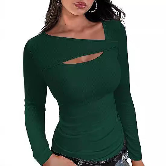 Damen Geripptes Langarmshirt mit asymmetrischem Carmenausschnitt und Brust-Cut-Out Drune
