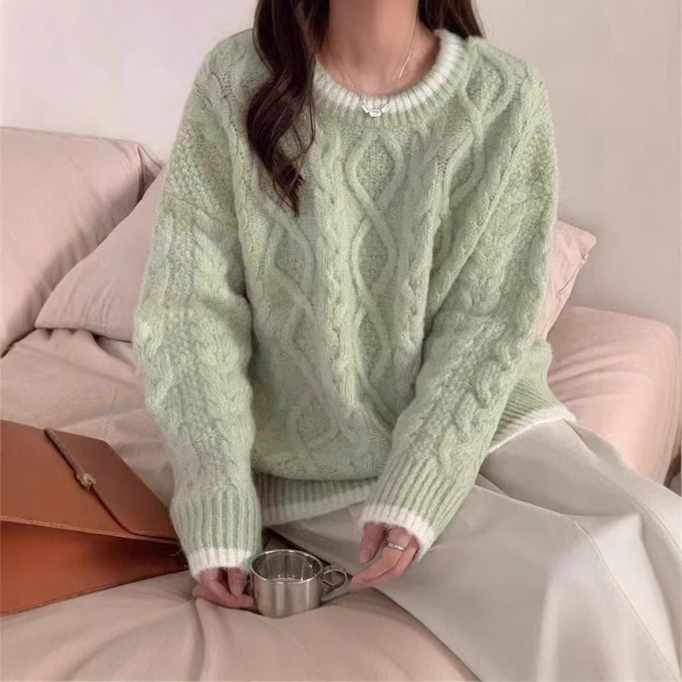 Damen Grobstrickpullover mit Zopfmuster und kontrastierendem Halsabschluss Drune