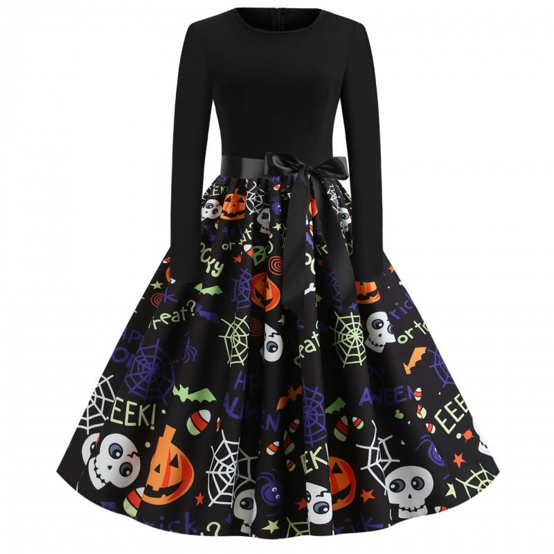 Damen Swingkleid mit Halloween-Print, taillierter Satin-Schärpe und langem Ärmel Drune
