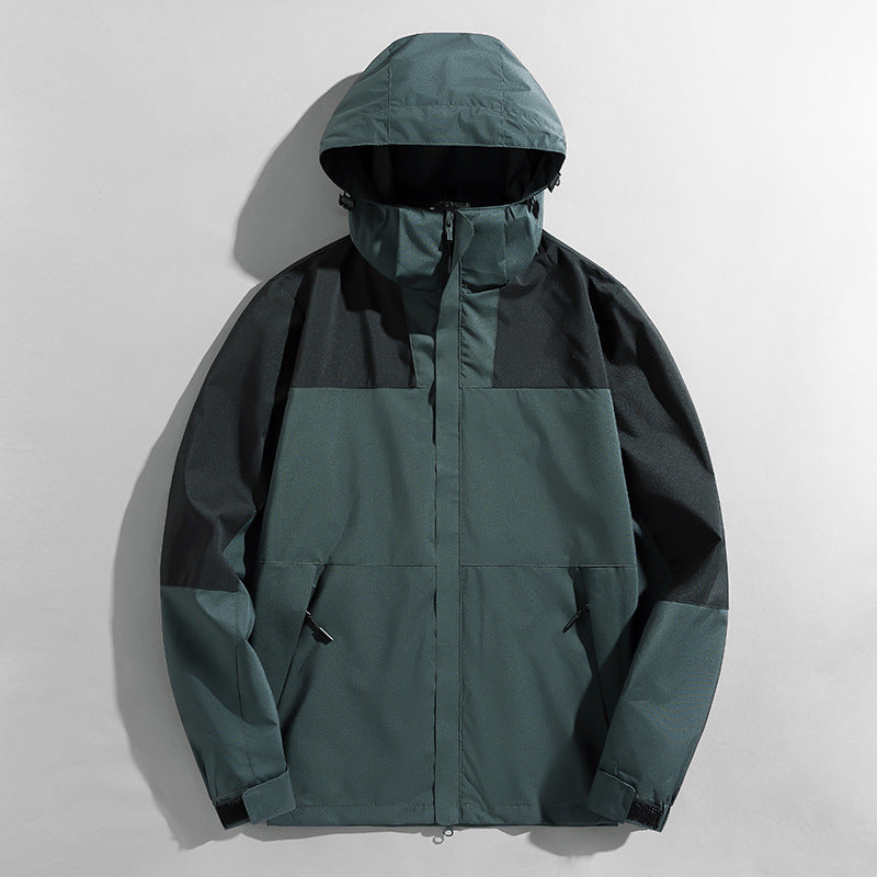 Herren zweilagige technische Kapuzen-Outdoorjacke mit hochschließendem Stehkragen und verstellbarer Kapuze Drune