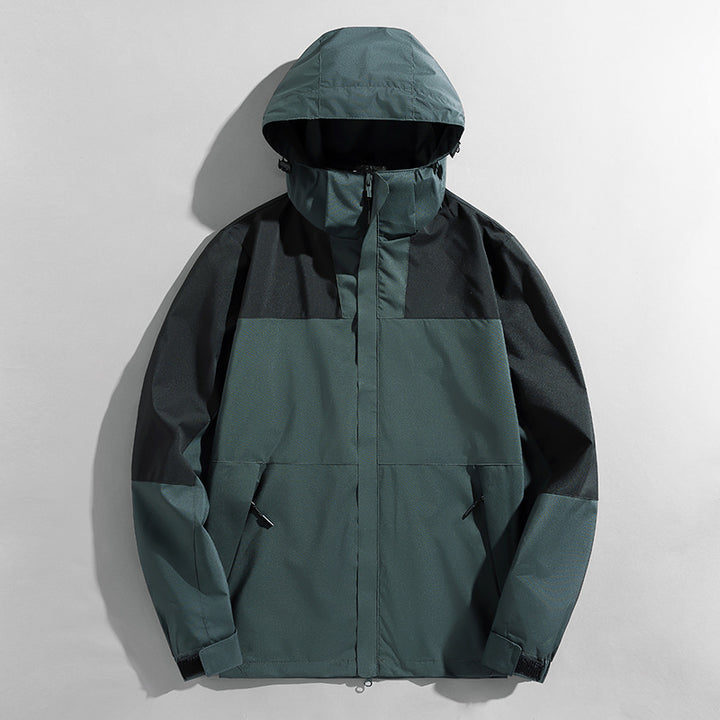 Herren zweilagige technische Kapuzen-Outdoorjacke mit hochschließendem Stehkragen und verstellbarer Kapuze Drune