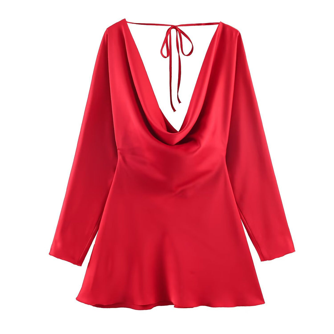 Damen Kurzes Satin-Minikleid mit tiefem Wasserfall‑Rücken, V‑Ausschnitt vorne und langen Ärmeln Drune