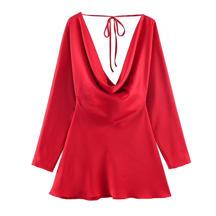 Damen Kurzes Satin-Minikleid mit tiefem Wasserfall‑Rücken, V‑Ausschnitt vorne und langen Ärmeln Drune