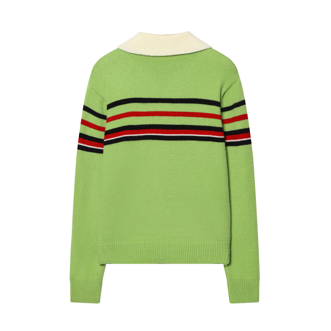 Damen nan gerippter Strickpullover mit halbem Reißverschluss, großem Kontrastkragen und gestreifter Brustpartie Drune